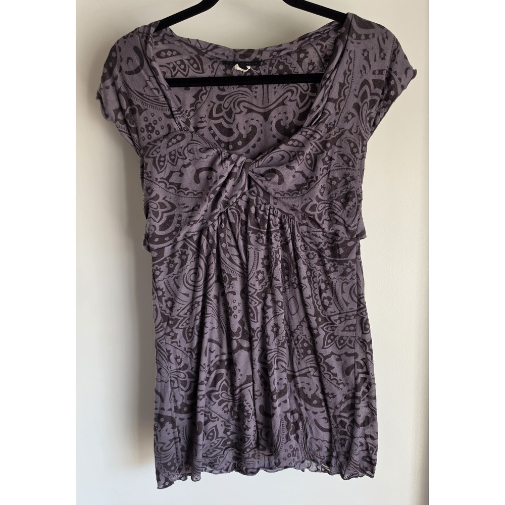 Weston Wear Babydoll Blouse Size L Purple Paisley Short Sleeve Top Boho Vintage